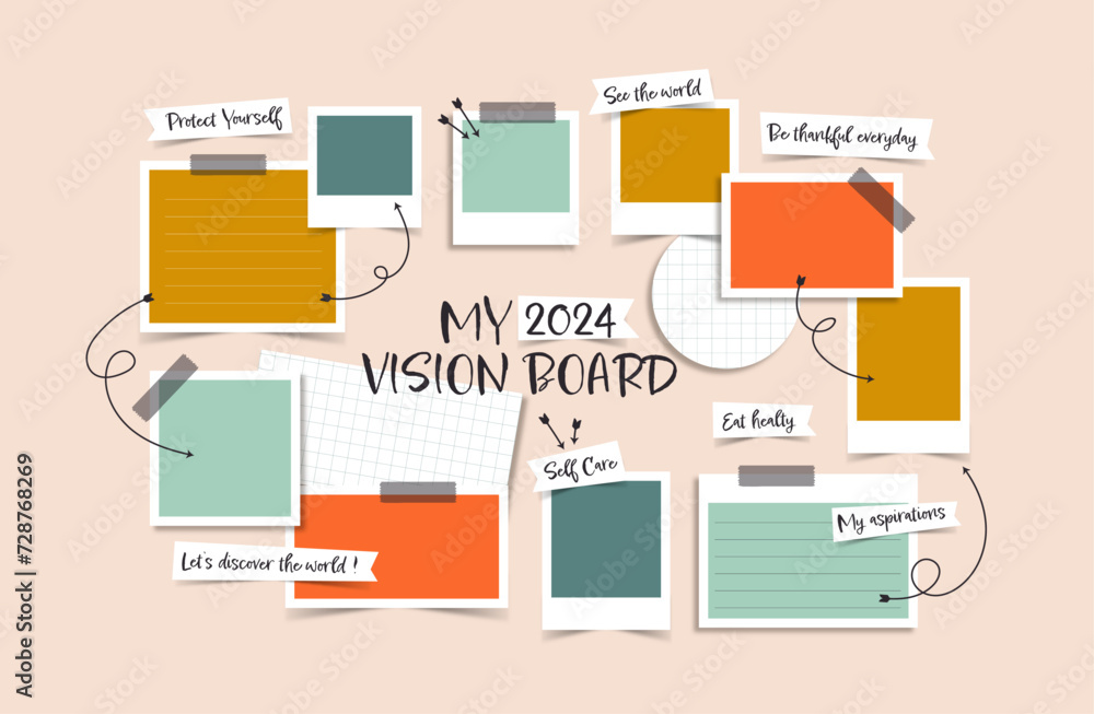 Fototapeta premium Vector photo collage template moodboard pictures grids vector illustration, vision board 