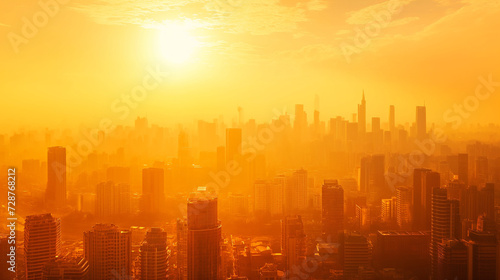 Urban Blaze: A Metropolis Bathed in Golden Light, Its Silhouettes Glimmering as Day Meets the Fiery Breath of Dusk