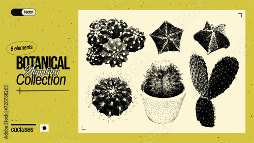 Set of different cactuses. Vintage plant elements with a grainy photocopy effect. Grunge dotted stickers with stippling effect. Vector illustration.