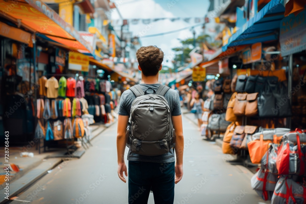 A young man with a backpack exploring a bustling street market, capturing the essence of urban travel and local culture.