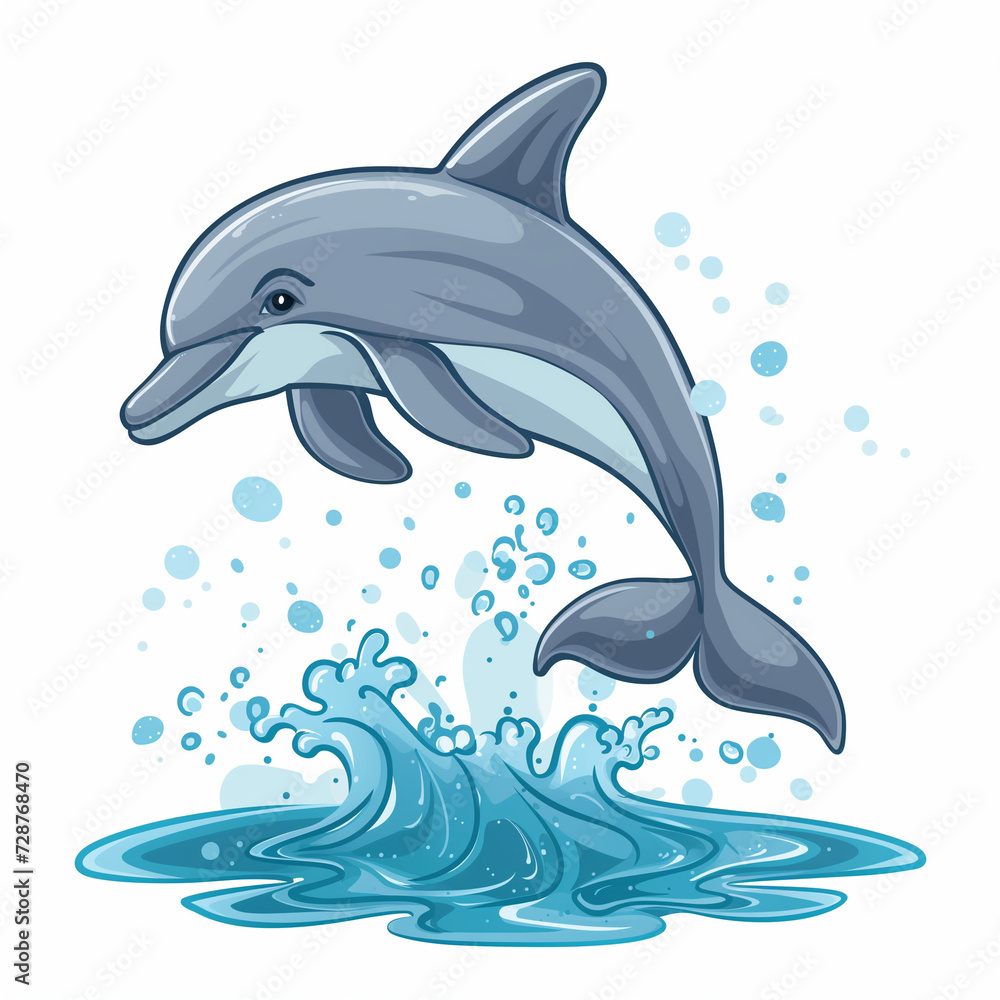 Fototapeta premium Playful dolphin jumping out of the water, friendly dolphin cartoon vector illustration