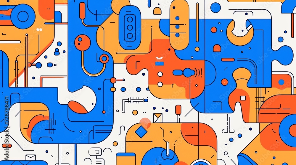 Colorful illustration with puzzle pieces and dynamic, interconnected line patterns in a flat design style. Application: Creative brainstorming visuals, business strategy, and planning, educational Colorful illustration with puzzle pieces and dynamic, interconnected line patterns in a flat design style. Application: Creative brainstorming visuals, business strategy, and planning, educational