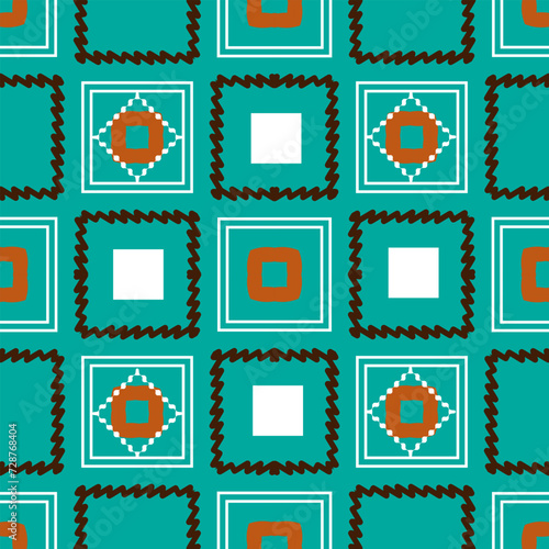 Seamless pattern with stylized squares and other decorative elements on a blue-green background. Vector illustration