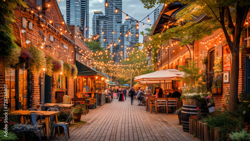 A bustling outdoor dining scene at twilight with string lights, cozy ambiance, and people enjoying an evening out in the city.