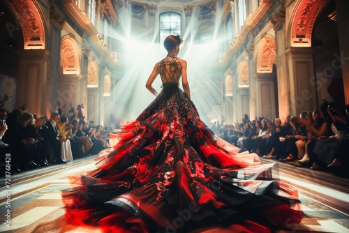 Elegant model walking down the runway in a luxurious red gown during a high-fashion show in a grand interior. photo