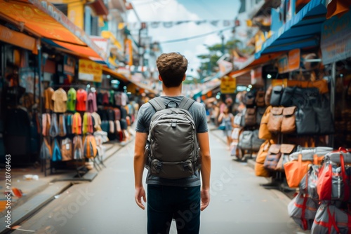 A young man with a backpack exploring a bustling street market, capturing the essence of urban travel and local culture.