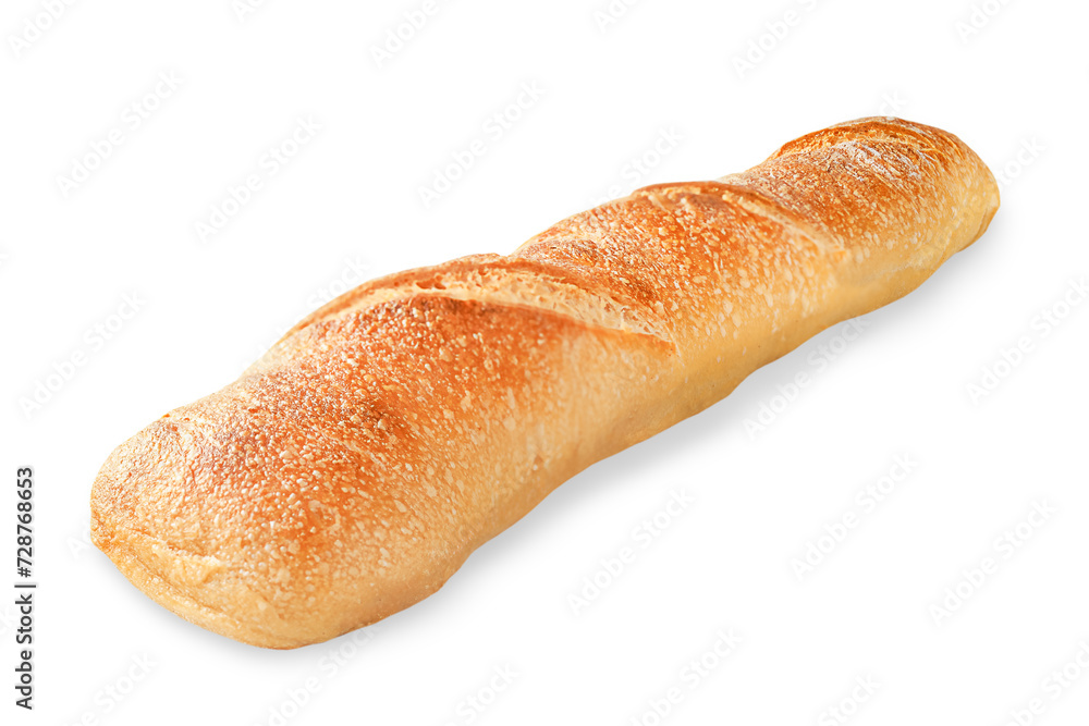 Side view of freshly baked baguette on white background Side view of freshly baked baguette on white background