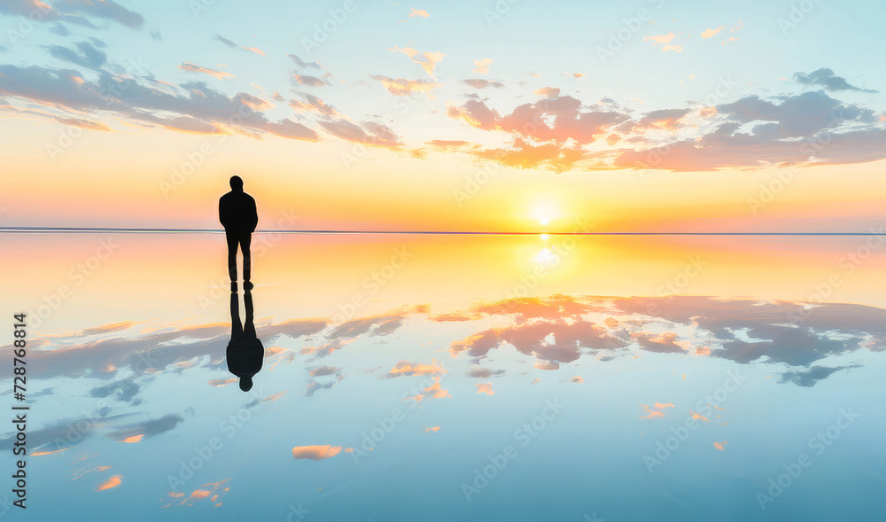 A serene silhouette of a person reflected on water during a beautiful sunset, evoking peace and tranquility.