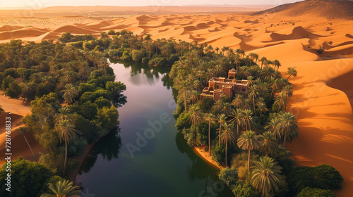 A serene oasis in the heart of the Persian desert, with verdant palm groves, tranquil lagoons, and ancient caravanserais nestled amidst towering sand dunes, offering weary traveler photo