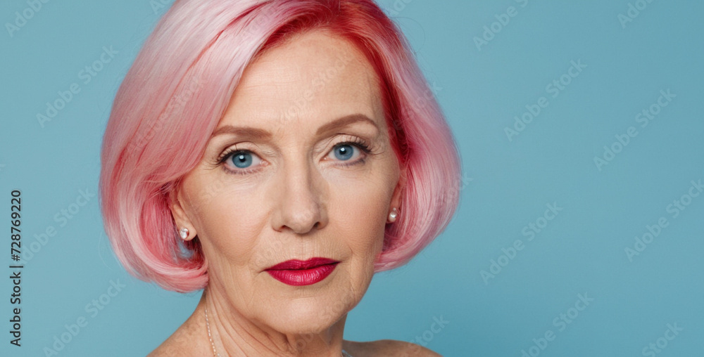Portrait of a naked woman 60 years old with pink hair and blue eyes on an isolated blue