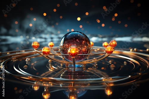 stylist and royal 3D illustration of an atom, space for text, photographic