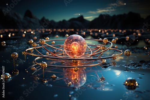 stylist and royal 3D illustration of an atom, space for text, photographic photo