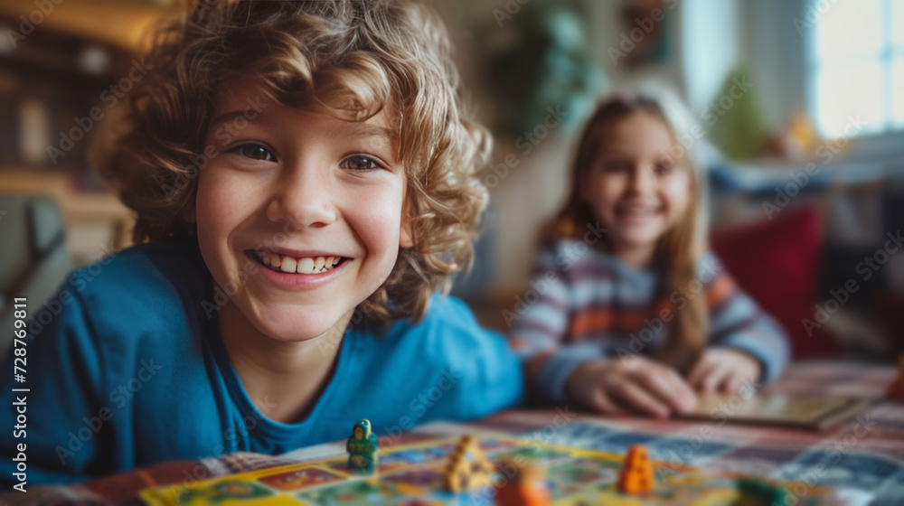 Children playing board games, their faces lit up with joy in the cozy living room Children playing board games, their faces lit up with joy in the cozy living room