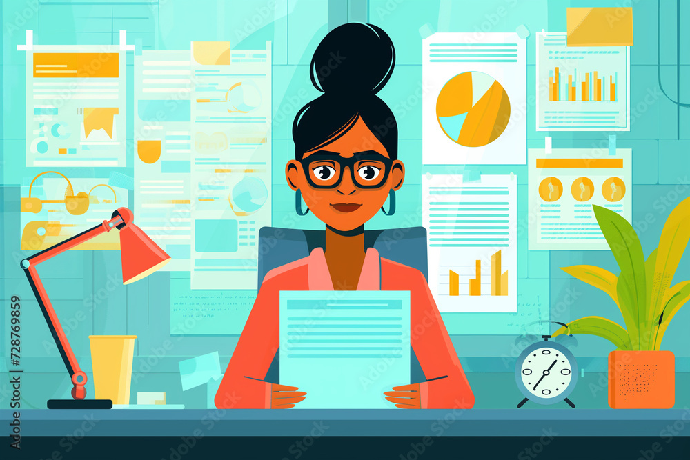Fototapeta premium Businesswoman sitting on a chair and doing business analysis using computer and digital devices, Girl doing business works at office workspace vector illustration