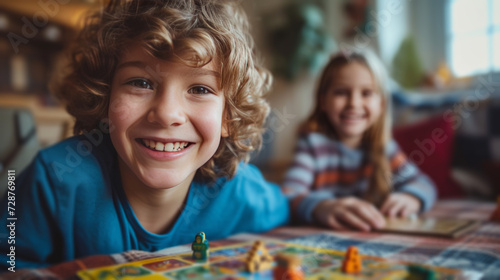 Children playing board games, their faces lit up with joy in the cozy living ...