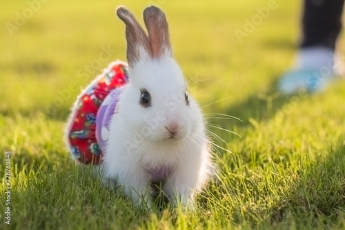 white rabbit wearing dress on green grass sunset sunrise