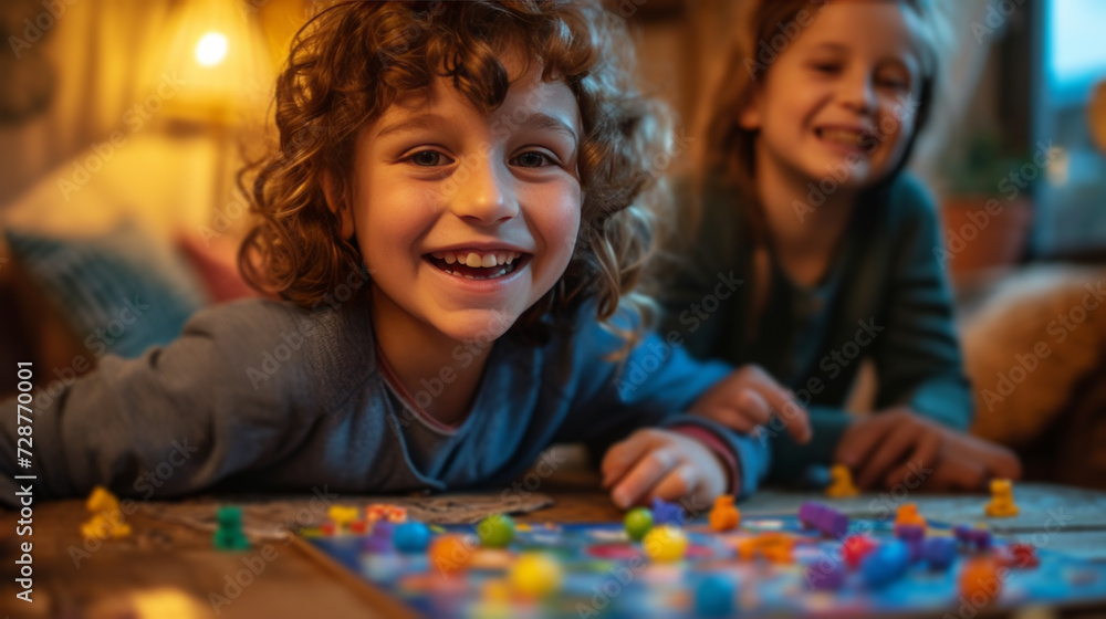 Children playing board games, their faces lit up with joy in the cozy living room Children playing board games, their faces lit up with joy in the cozy living room