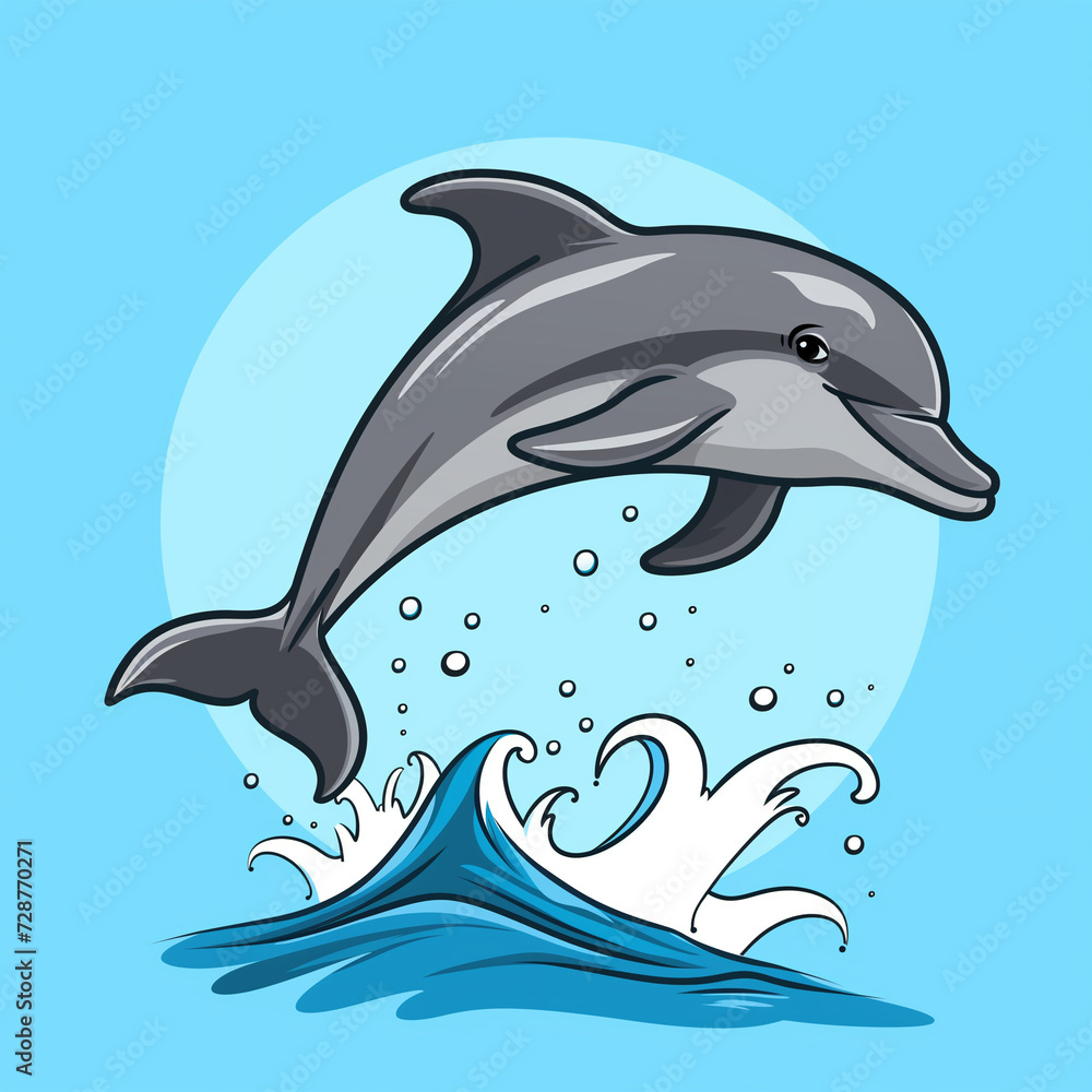 Fototapeta premium Joyful Dolphin Leaping from the Ocean - Cartoon Vector Illustration