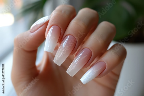 Beautiful painted nails close-up. Fashionable nail extensions with French design