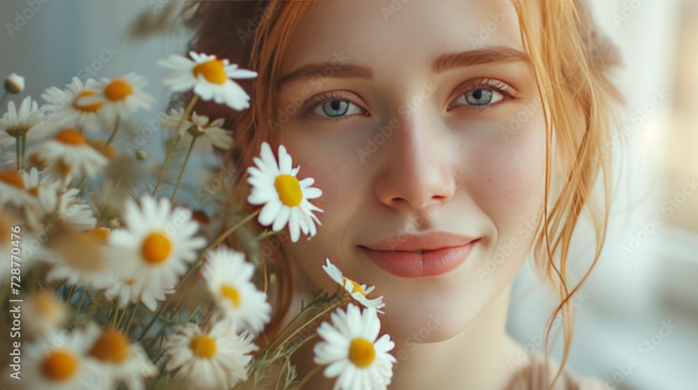 The allure of a lady with a bouquet of daisies, their simplicity complementing her grace The allure of a lady with a bouquet of daisies, their simplicity complementing her grace
