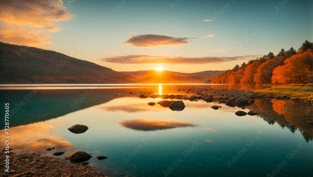 beautiful and dramatic sunset over a calm lake
