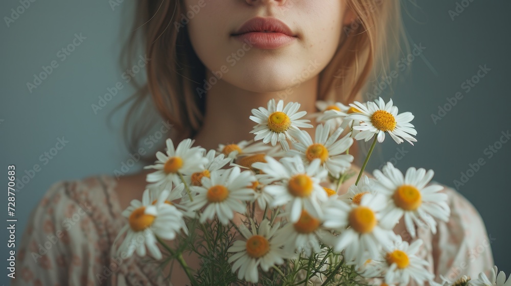 The allure of a lady with a bouquet of daisies, their simplicity complementing her grace The allure of a lady with a bouquet of daisies, their simplicity complementing her grace