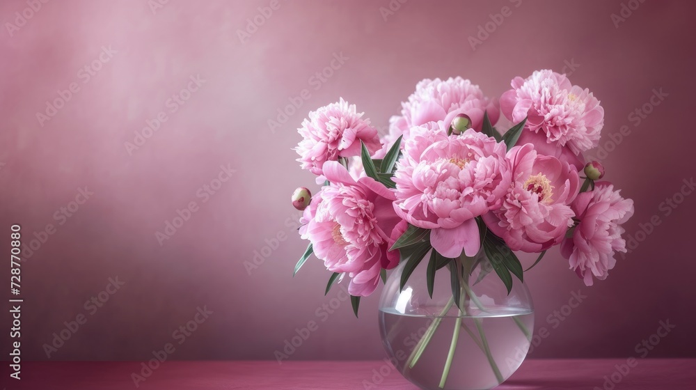 exquisite floral image with a lovely bouquet of pink peonies in a glass vase, offering a floral composition with copy space. exquisite floral image with a lovely bouquet of pink peonies in a glass vase, offering a floral composition with copy space.