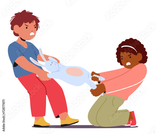 Furious Boy And Girl Clash, Faces Flushed, Eyes Glaring. Toy Tug-of-war Erupts, Echoing Heated Words