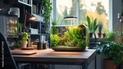 A contemporary home office with a small, desktop aquarium featuring exotic plants and a few bright fish.