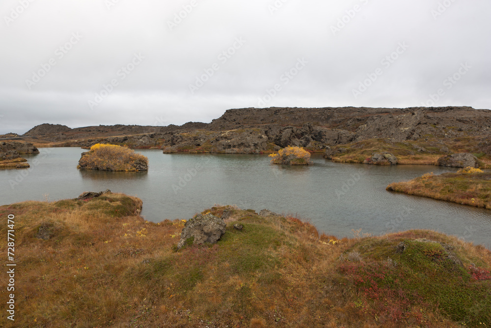 Iceland Lake Myvatn on a cloudy summer day.