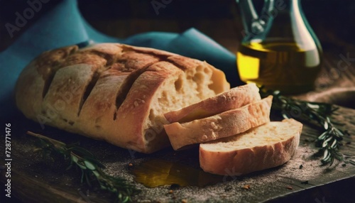 Fresh ciabatta bread sliced and oil on wooden board. Kitchen table. Delicious Italian bakery.