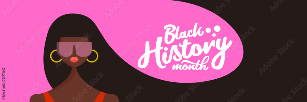 Black history month horizontal banner with afro American woman with long hair isolated on pink background. Vector Black history month poster, flyer, background with pretty african young model