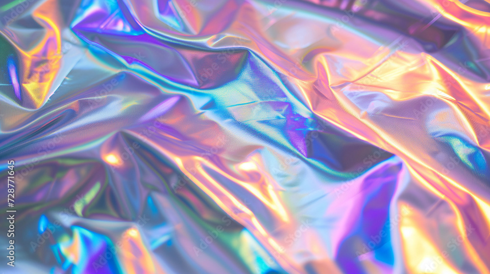 Vibrant holographic background with iridescent foil texture, suitable for modern design elements and wallpapers.