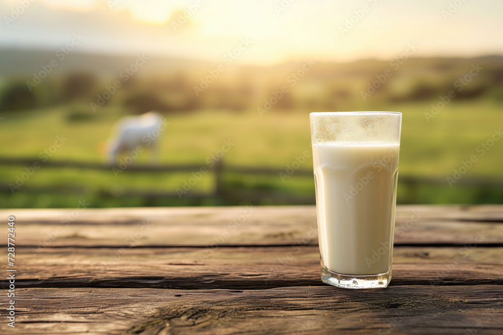 Milk glass on wooden table at sunset Milk glass on wooden table at sunset