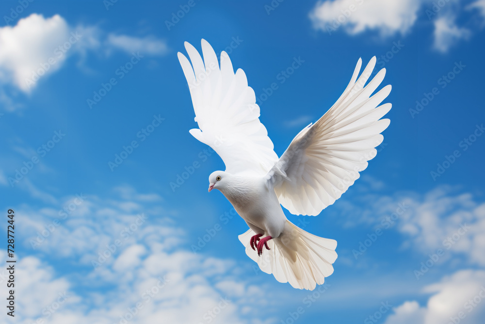 White pigeon in flight against blue sky