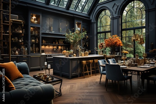 stylist and royal Dark interior with open kitchen, space for text, photographic