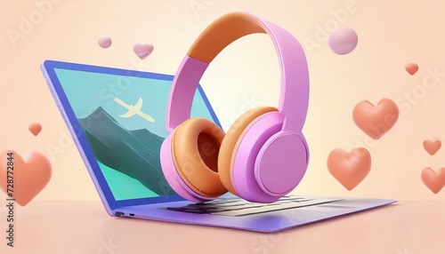Fone de ouvido rosa em cima de um notebook (laptop) e corações ao redor photo