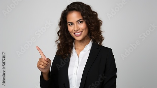 A businesswoman, indicating with the index finger