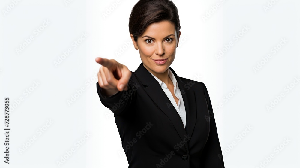 A businesswoman, indicating with the index finger A businesswoman, indicating with the index finger