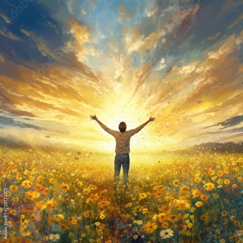 man is standing in a field of yellow flowers