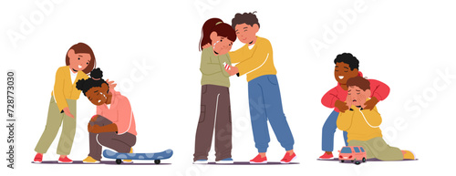 Tender Young Hearts Embrace, Offering Solace To A Tearful Friend. Gentle Whispers, Warm Hugs, And Reassuring Smiles