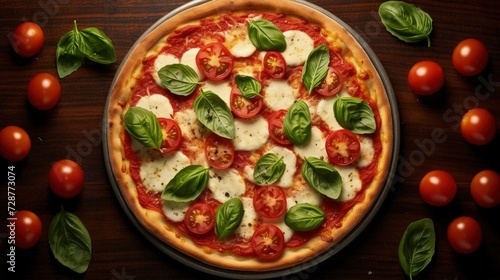 16/9 hd overhead capture of a margherita pizza: vibrant colors, textures, and ingredients - fresh basil, mozzarella, tomatoes perfectly filling the frame. ai generated