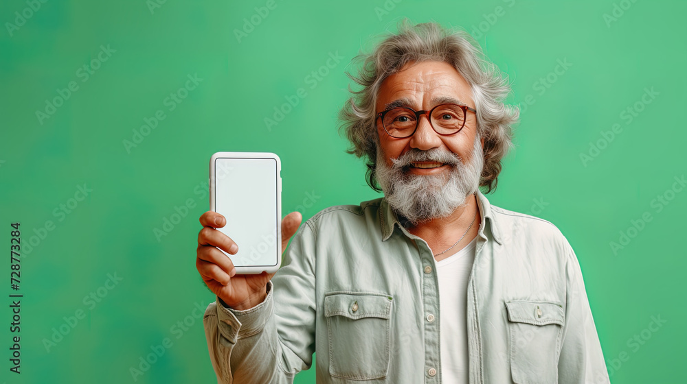 An elderly businessman light green jacket and white shirt holding a blank-screened smartphone against a green background. Positive emotions. An elderly businessman light green jacket and white shirt holding a blank-screened smartphone against a green background. Positive emotions.