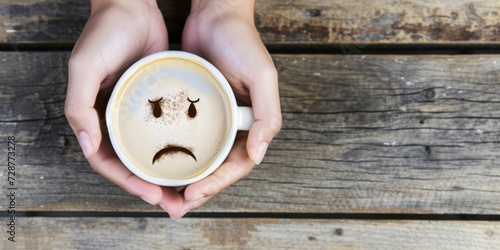 Woman hands holding coffee cup with sad face drawn on coffee. on wooden table background with copy space. Emotions, blue monday, hard morning, difficult day concept