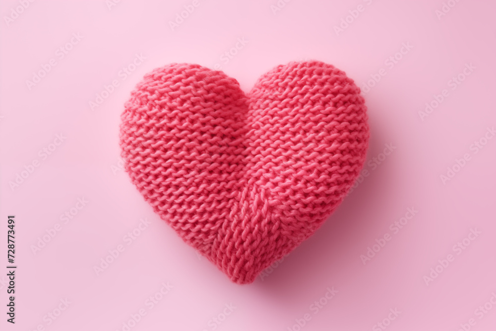 Top view of a red knitted heart on pink background. Symbol of love