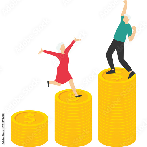 concept of wealth planning and cost of living after retirement, retirement savings or retirement fund investment, old man and woman walking on pile of growth savings coins. flat vector illustration.