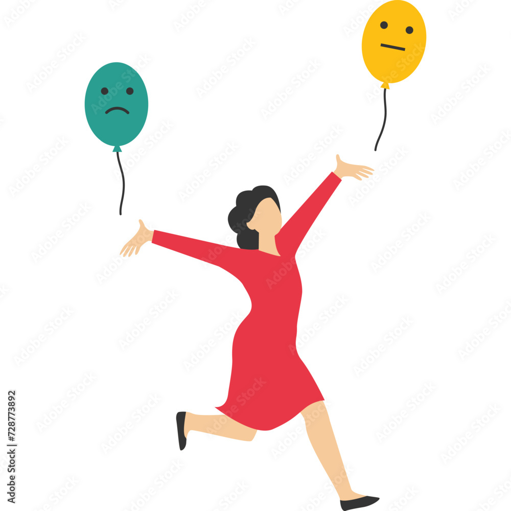concepts of feeling and expression, emotion control and self-regulation, stress management or mental health awareness, calm woman holding a balloon with emotion or facial expression, happy, sad or sca