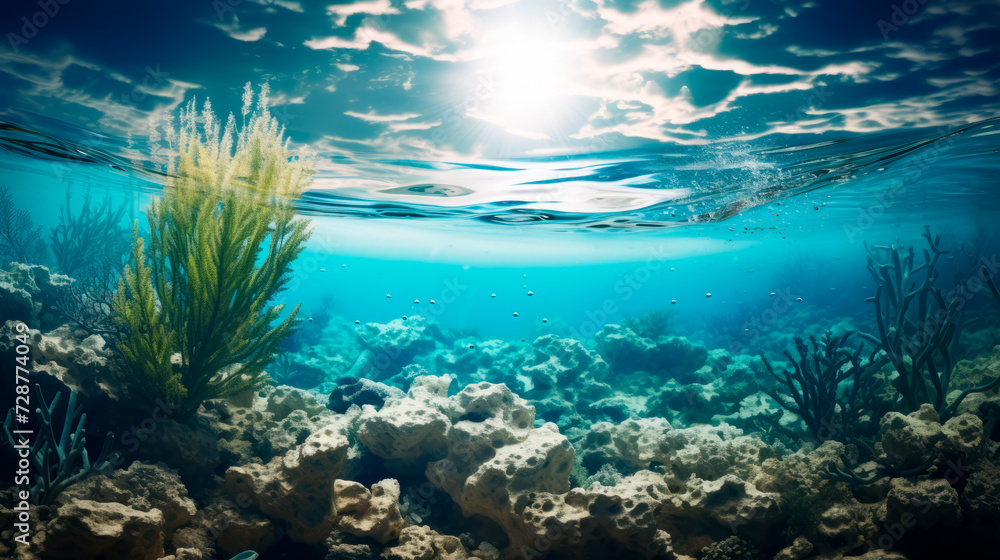 Fototapeta premium This photo captures a picturesque view of a vibrant coral reef with the sun in the background, conveying the beauty of the underwater world and its natural illumination