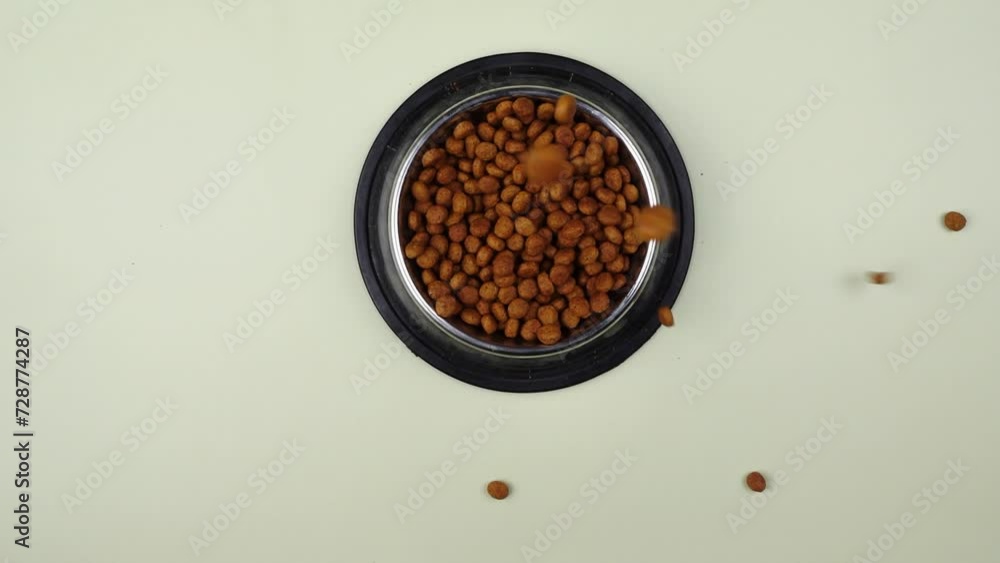 Brown cat or dog kibble in a metal bowl isolated top view close-up. Nutritious healthy diet pet food scattered around, falls and cascades the bowl. Dry cat or dog food spills from a bowl. Brown cat or dog kibble in a metal bowl isolated top view close-up. Nutritious healthy diet pet food scattered around, falls and cascades the bowl. Dry cat or dog food spills from a bowl.
