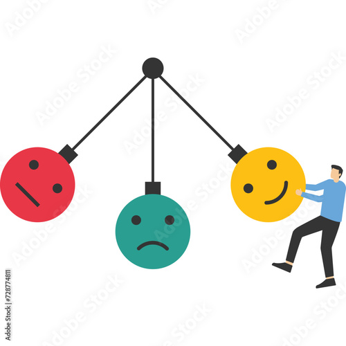 Positive thinking, or an optimistic attitude. The balance between happiness and emotional intelligence. Young people increase emotional intelligence. flat vector illustration on a white background.